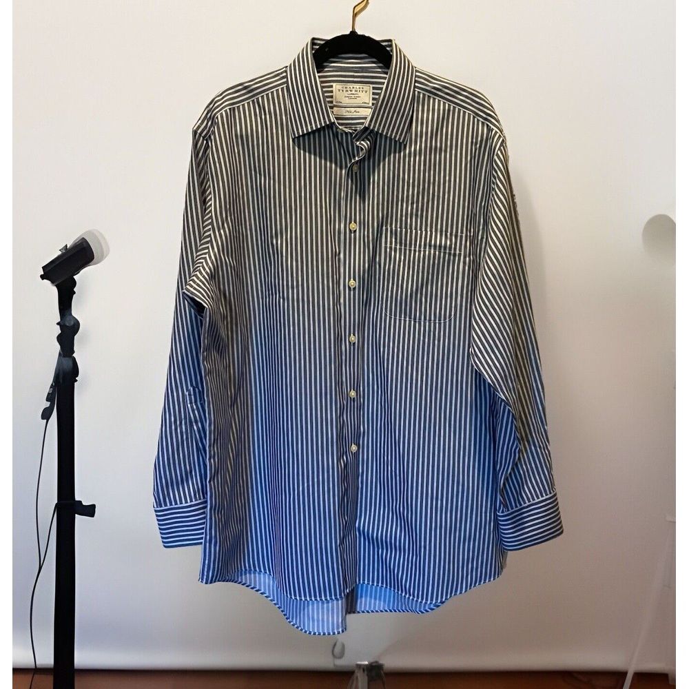 Charles Tyrwhitt Shirt Mens 17x35 Blue/White Wide Stripe No Iron Long Sleeve